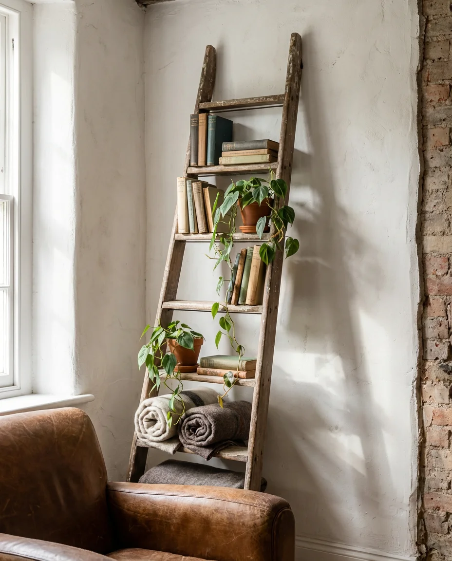 Repurposed Ladder Shelf for Eclectic Homes 1