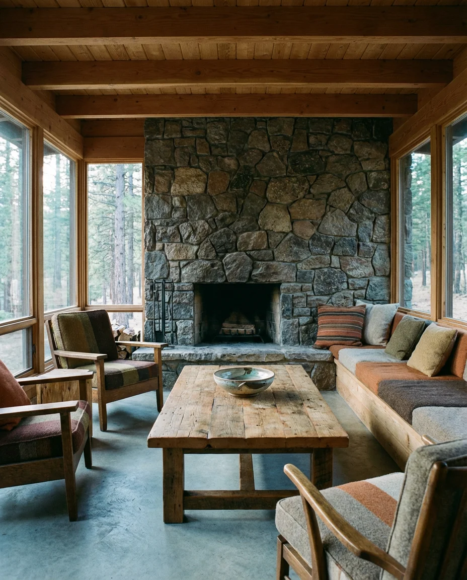 Rustic Wood Beam and Stone Sunroom 2