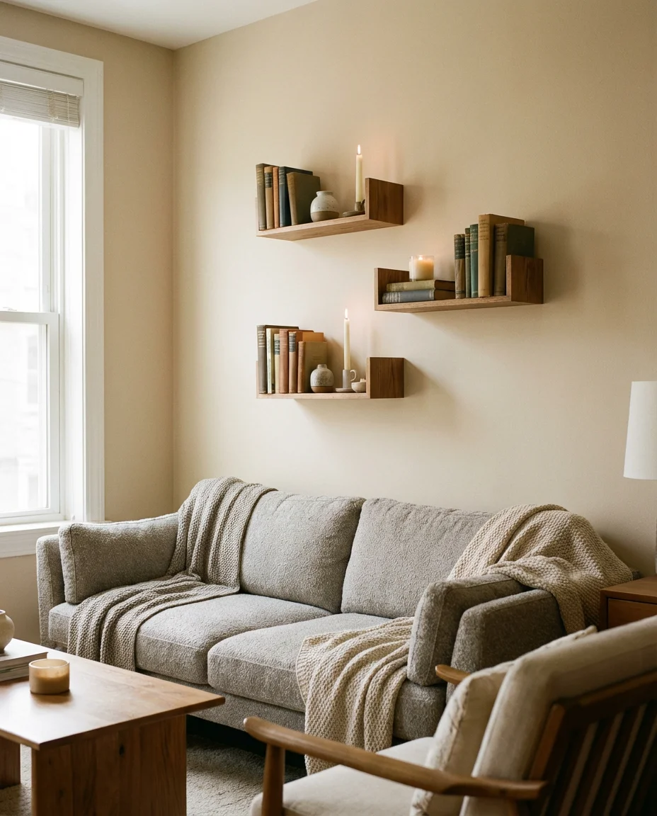 Small Wall Shelf Gallery Above a Sofa 1