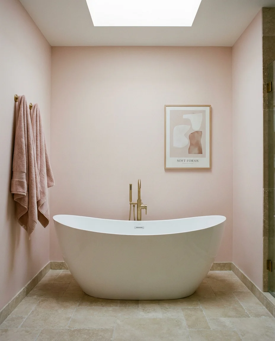 Soft Pink Spa Bathroom With a Freestanding Tub 1