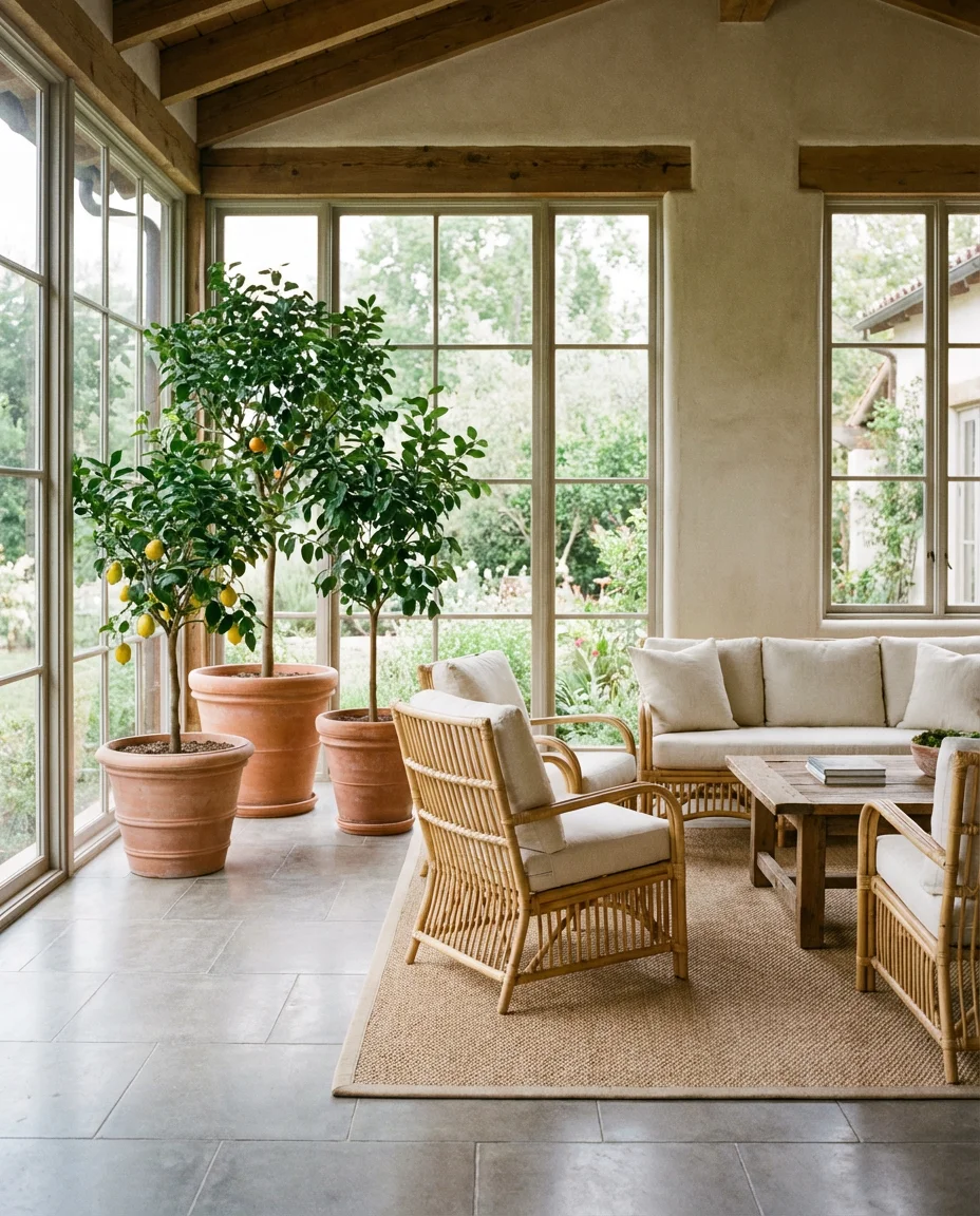 Sunroom With Indoor-Outdoor Tile and Rattan 1
