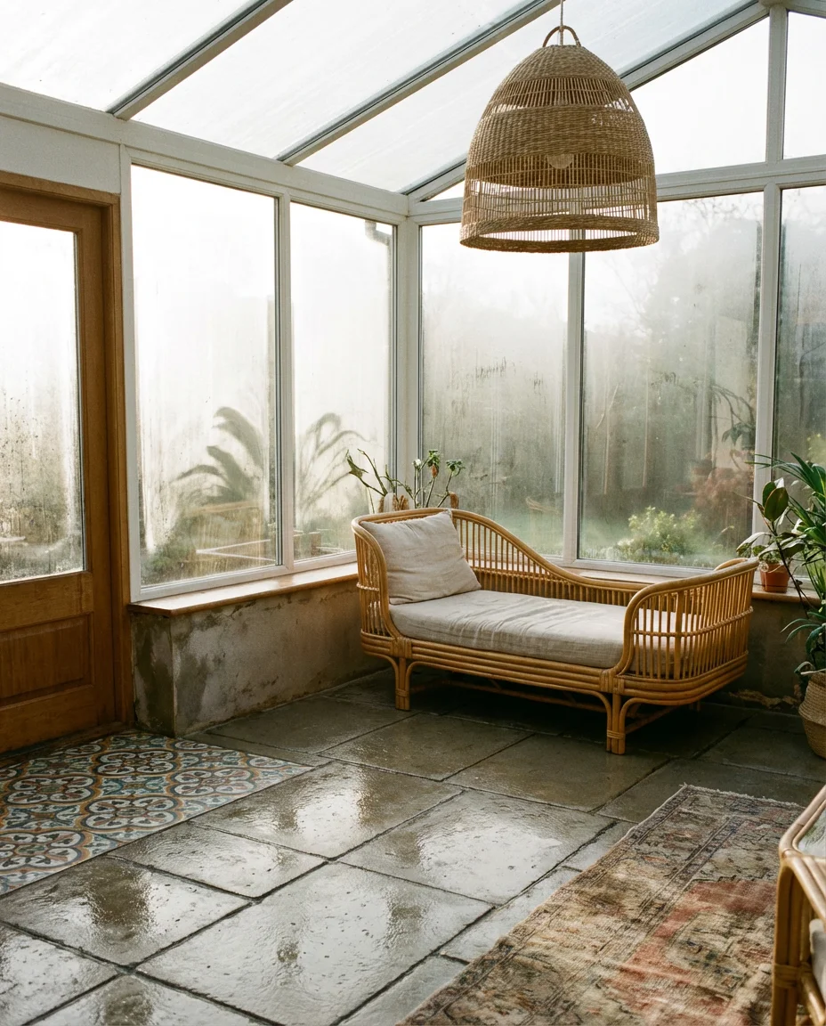 Sunroom With Indoor-Outdoor Tile and Rattan 2