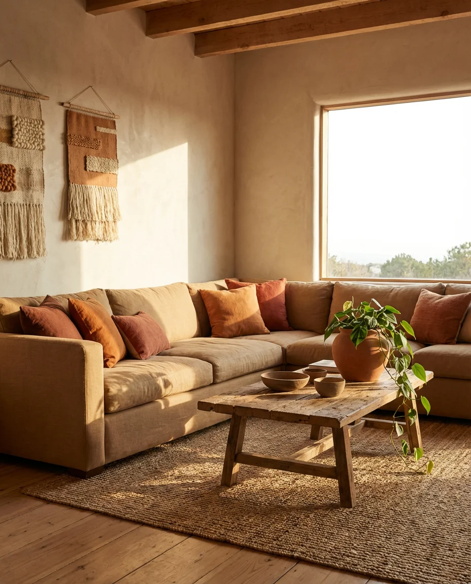 Tan Sectional with Warm Earthy Layers 1