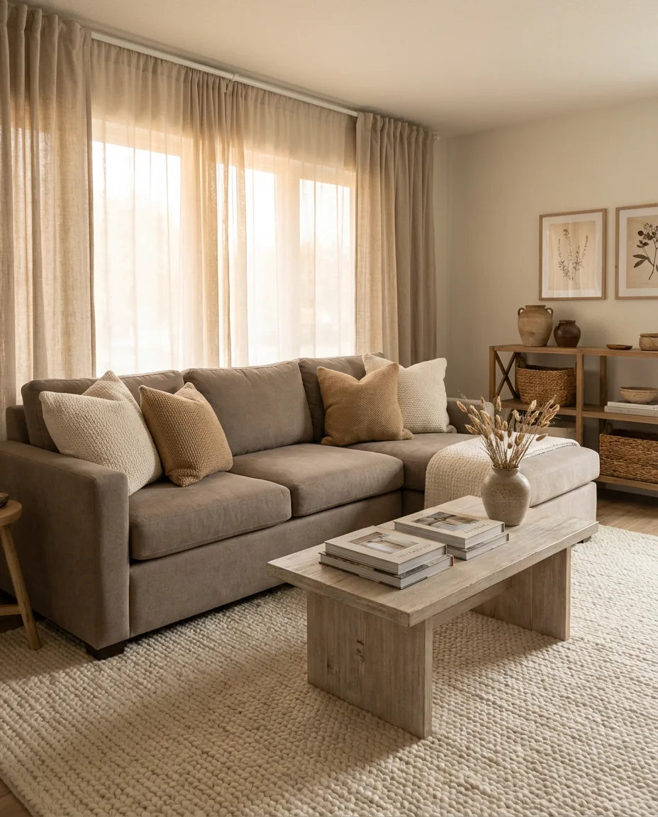 Taupe Sectional with Layered Neutrals 1