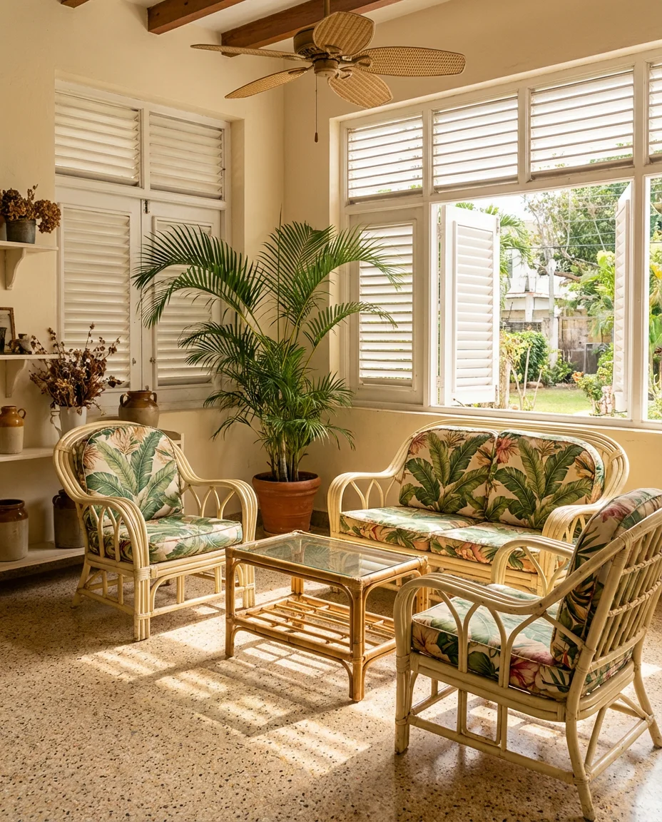 Vintage Tropical Sunroom With Wicker and Palms 1