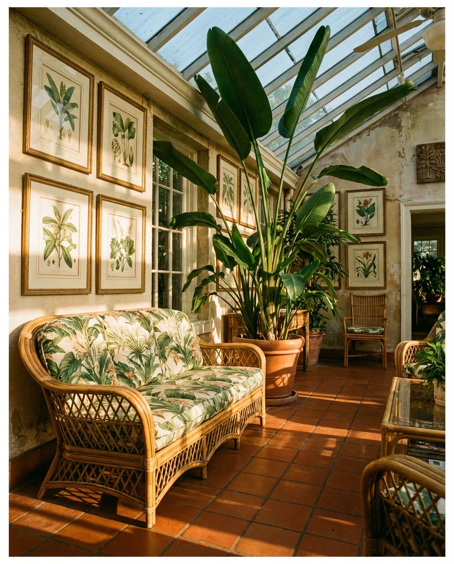 Vintage Tropical Sunroom With Wicker and Palms 2