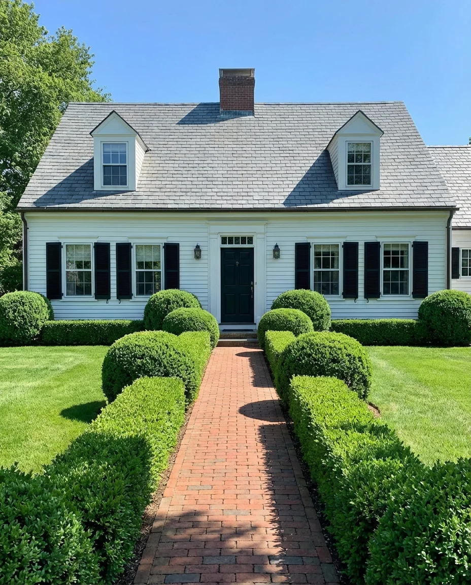 White Cape Cod With Boxwood Formal Landscaping 1
