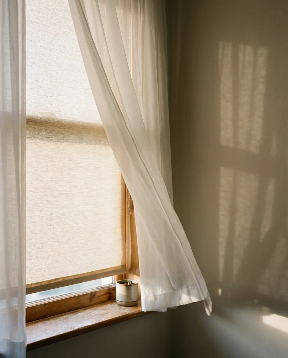 White Sheer Curtains Layered with Blinds 2