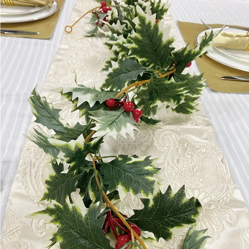 1 2pcs christmas garland holly leaves red berries winter - Temu Kuwait