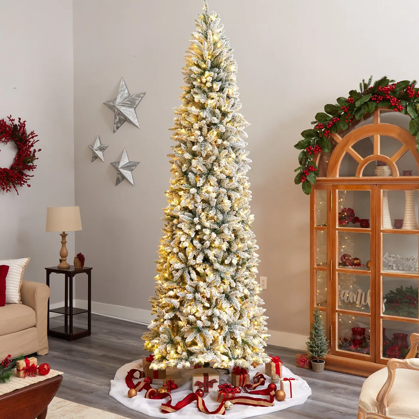 10' Slim Flocked Montreal Fir Artificial Christmas Tree with 800 Warm White LED Lights and 2420 Bendable Branches