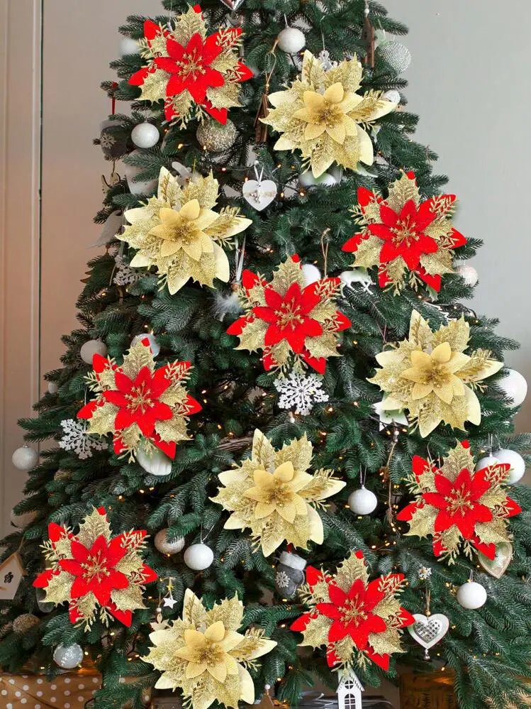 10/5 Pieces Colorful Christmas Flowers With Gold Powder - Holiday Ornaments For Christmas Trees, Wreaths And Home Decoration, Christmas Decorative Flowers, Red Flowers Christmas Tree Decoration Chri