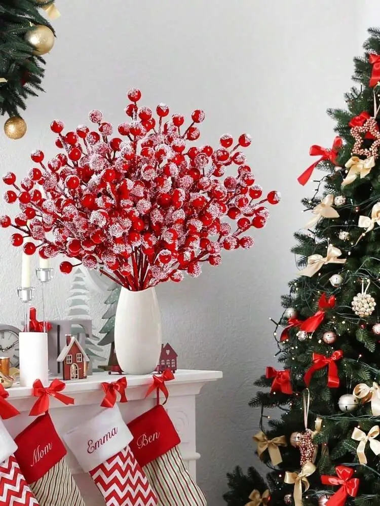 10/5pcs Artificial Red Berry Branches, Red Flocked Christmas Holly Sprays, Suitable For Christmas Tree Decoration, Holiday DIY Crafts, Christmas Decor, Home Decor | SHEIN USA