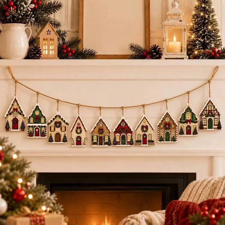 10pcs Christmas House Hanging Decor Wreath, Wooden Gingerbread House Hanging Banner, Christmas Tree And Fireplace Mantel