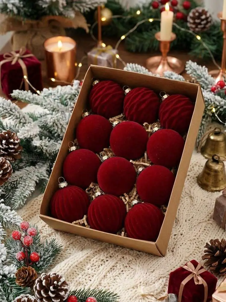 12/15pcs Burgundy Christmas Ball Ornaments, Christmas Party Supplies, Christmas Decor, Flocked Christmas Ball Decorations, Christmas Hanging Decorations, Home Decor, Christmas Tree Decorations, Wrea