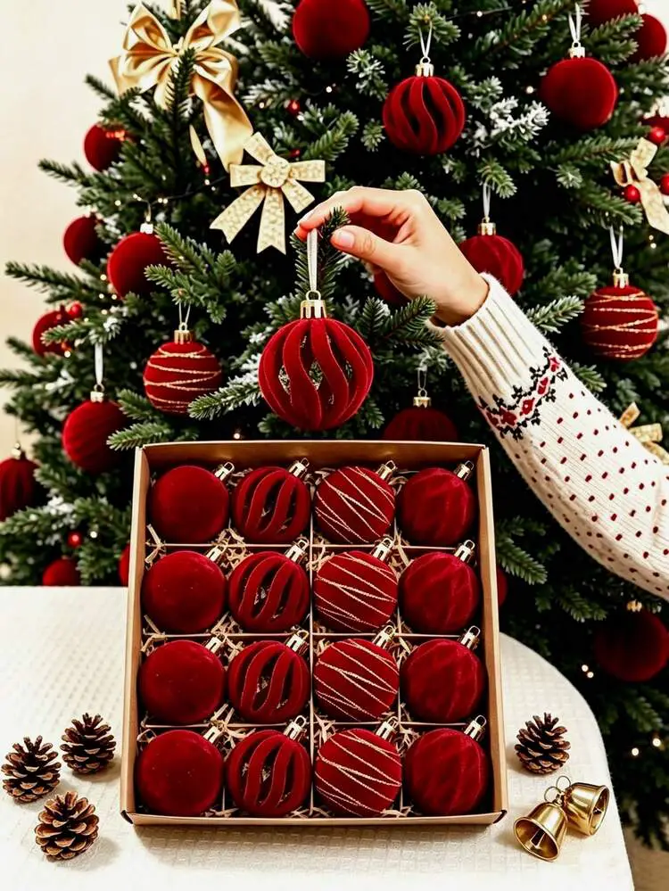 12/15pcs Velvet Christmas Tree Hanging Ornaments, Merry Christmas Decor, Burgundy Christmas Ball Decorations, Christmas Decorations, 4/6/8cm Red Christmas Balls, Christmas Hanging Ornaments, Home ..