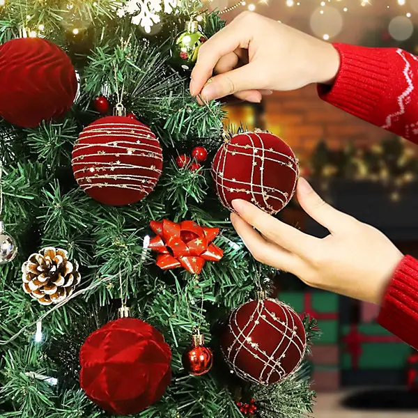 12Pcs Burgundy Velvet Christmas Balls,6cm Flocked Shatter Proof Hanging Baubles,Festive Ornaments for Christmas Tree