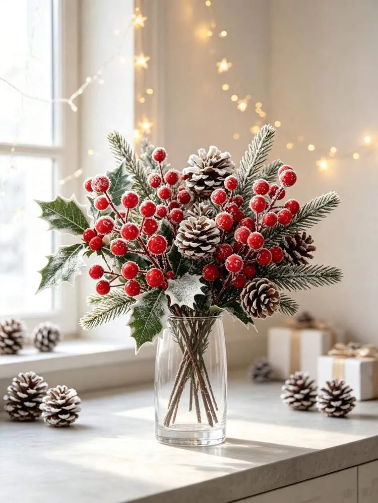 12pcs-Christmas Artificial Red Berry Branches With Snowflakes - Frosty Winter Decor, Christmas Artificial Red Berry Branches, Suitable For Christmas Tree, Wreath, Garland, Table Centerpiece, Holiday