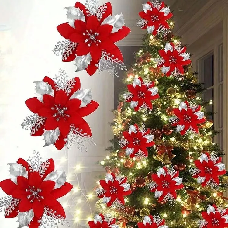 12pcs Christmas Tree Decorations, Red Christmas Flowers And Silver Accents, Plastic Holiday Decor, Suitable For Christmas Tree, Indoor Or Holiday Decoration, Artificial Material, Seasonal Decor, Chr