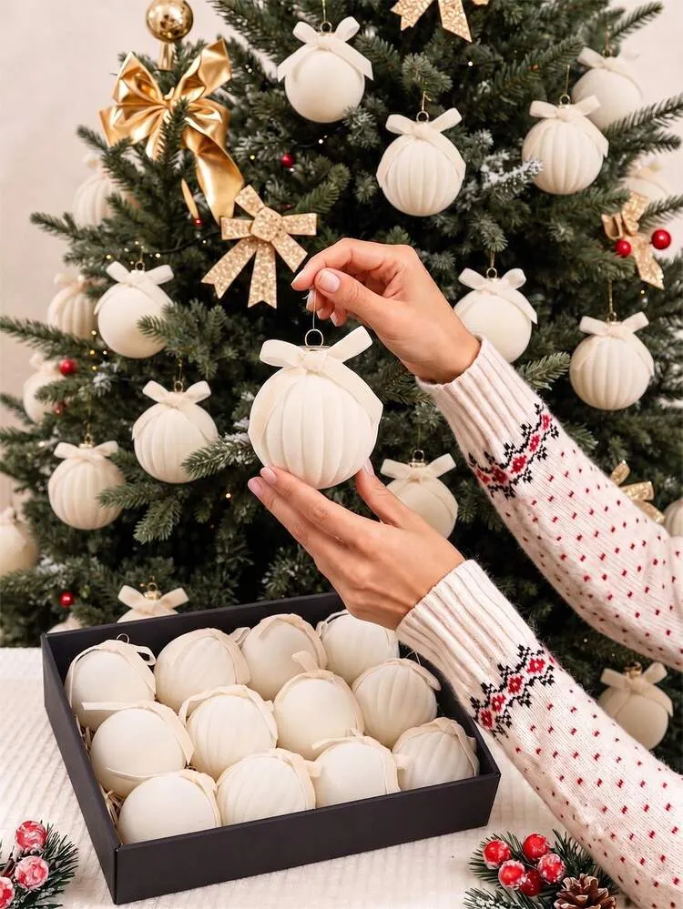 12pcs Flocked Christmas Ball Ornaments, White Flocked Christmas Tree  Hanging Decor, Flocked Christmas Ball Decoration Set With Bows, Suitable  For Christmas Tree, Holiday Wreath, Garland, Fireplace .