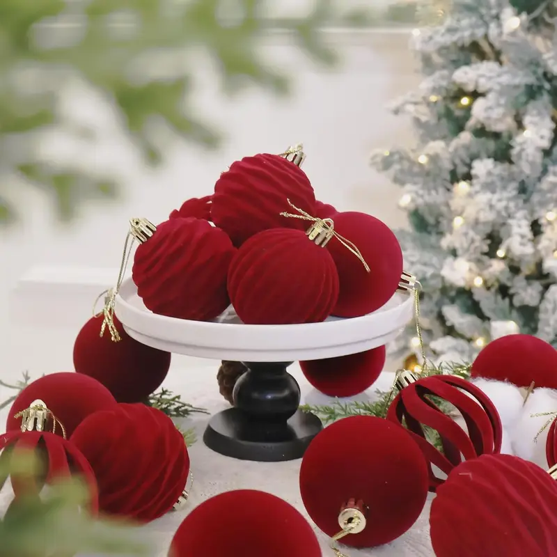 12pcs red flocked christmas tree ornaments soft plastic - Temu Italy