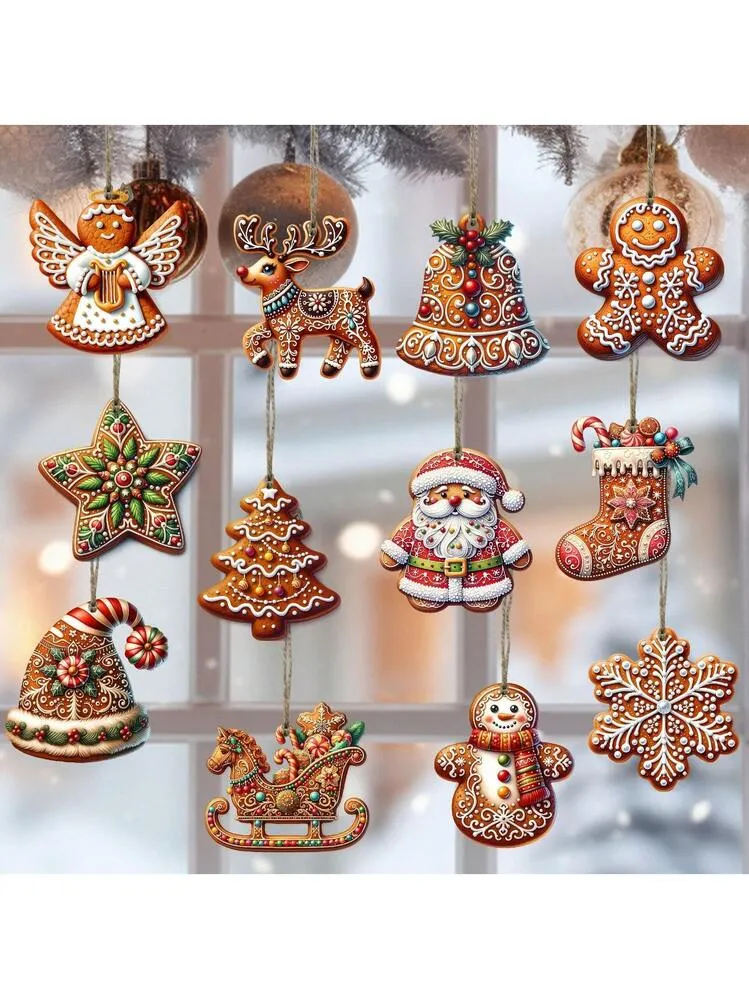 12pcs Wooden Christmas Ornaments, Gingerbread Man & Santa Claus Designs,  Suitable For Christmas Tree Decoration And Holiday Gifts | SHEIN