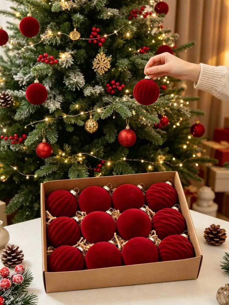 12pcs/Set Burgundy Christmas Balls, PE Material Velvet Christmas Balls, Christmas Tree Ball Ornaments, Christmas Decorations, Christmas Party Background Decor, Christmas Home Decor, Christmas Room D