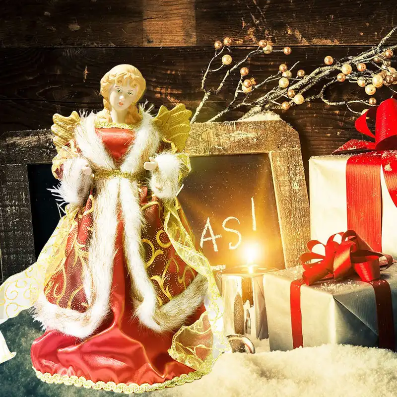 13″ Red Vintage Angel Christmas Tree Topper with Golden Wings