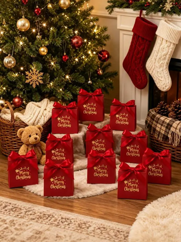 1/5/10/16/24pcs Christmas Gift Boxes, Santa Claus & Sleigh Pattern, Holiday Mini Gift Bags With Red & Green Ribbons, Suitable For Candy, Chocolate & Small Gifts, Christmas Party Favors, Stocking ...