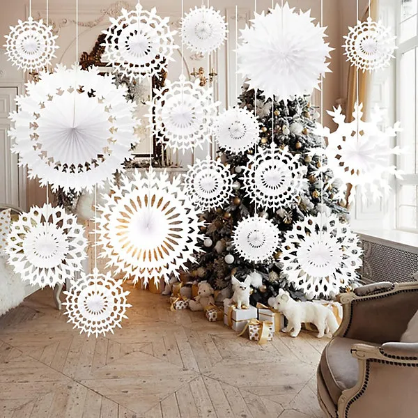 16PCS White Paper Snowflakes Reusable Paper Christmas Decorations Paper Hanging Paper Fans Snowflakes Christmas Hanging Decoration