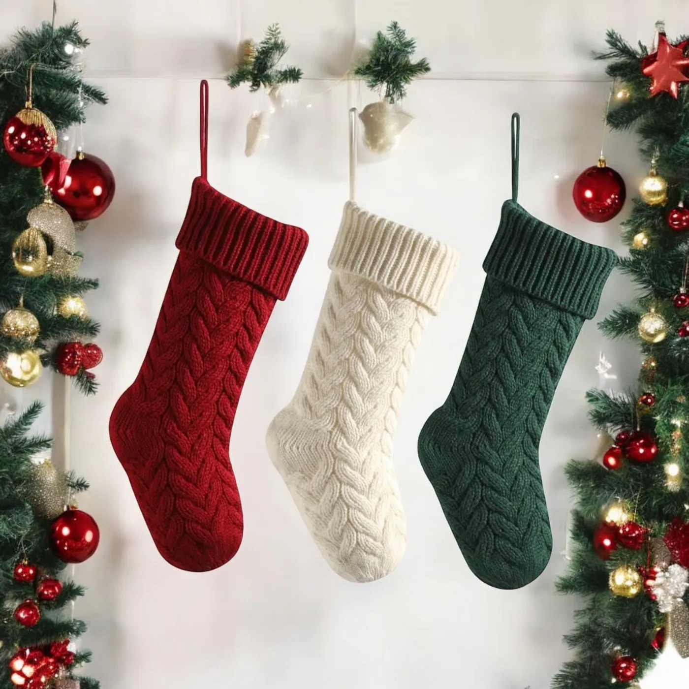 17 Inches Christmas Stockings Knit Xmas Stockings Large Fireplace Hang –  OKEY KOKEY