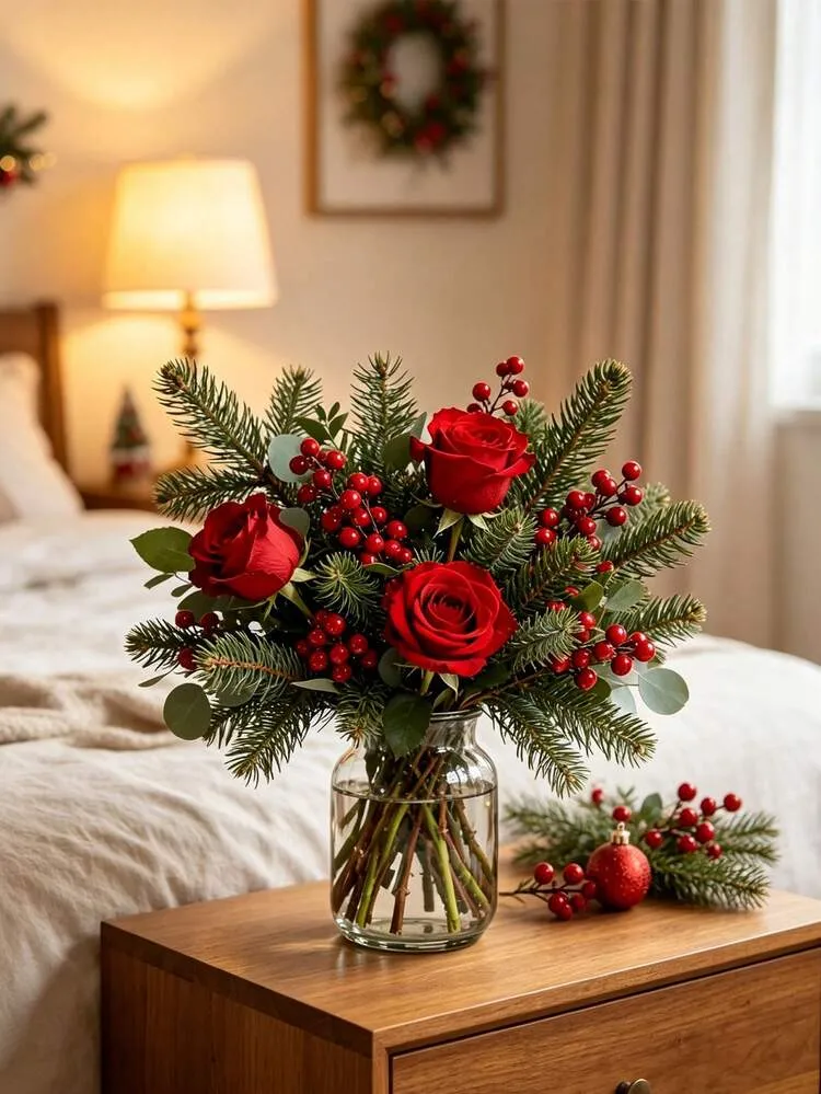 17pcs/Set Christmas Theme Artificial Flower Bouquet, Holiday Home Decor/ Christmas Party Floral Arrangement, Christmas Gift For Friends And Family, Christmas Theme Artificial Flower Decor, Seasonal C