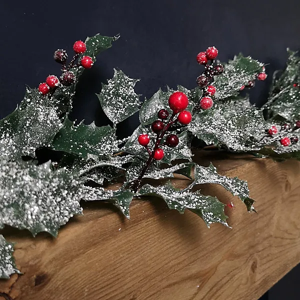 1.8m Frosted Green Holly Leaf & Berry Glitter Garland Christmas Decoration