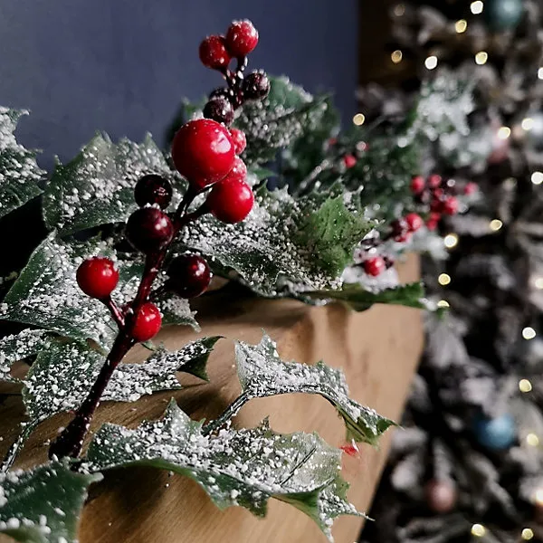 1.8m Frosted Green Holly Leaf & Berry Glitter Garland Christmas Decoration