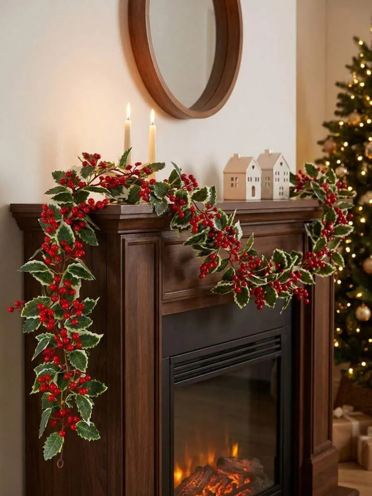 1pc Artificial Cranberry Vine, Red Plastic Holly Garland, Faux Berry  Cluster, Suitable For Christmas Holiday Wreath, Indoor/Outdoor Home Decor,  Fireplace Mantel Centerpiece, Wedding Party Floral Cra