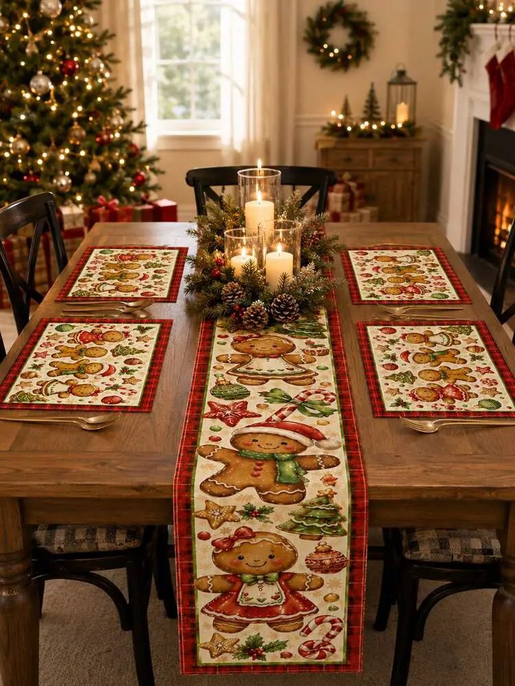 1pc-Christmas Gingerbread Table Runner With Matching Placemats, Red Plaid  Border Holiday Dining Table Linens, Xmas Kitchen Decor For Home, Party,  Buffet And Seasonal Dinner | SHEIN USA