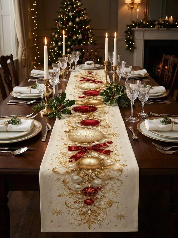 1pc Christmas Gold & Red Bow & Christmas Ball Print Table Runner, Cream  White Linen-Feel Dining Table Cloth With Snowflake & Pearl Decorative  Pattern, Holiday Table Setting Decor For Home Party, Chr