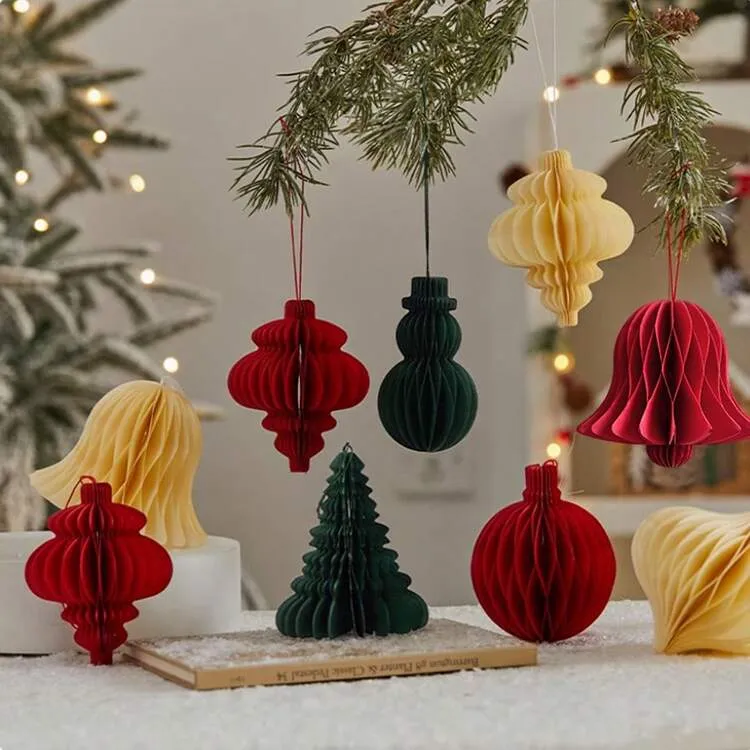 1pc, Christmas Honeycomb Tree And Lantern Ornaments, Paper Festive Tabletop Decorations For Xmas, New Year, Thanksgiving,
