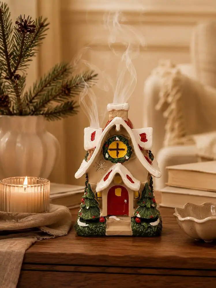 1pc Christmas House Incense Burner, Hand-Painted Gingerbread Cottage Cone Incense Holder With Chimney Smoke Effect, Snowy Winter Village Tabletop Ornament For Home, Living Room, Fireplace Mantel, Ho