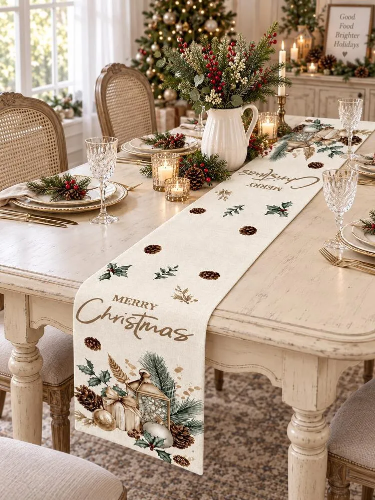 1pc Christmas Table Runner, Merry Christmas Pine Cone Holly Lantern Print  Table Runner, Simple Rustic Style Christmas Dining Table Decor, Winter  Holiday Table Decor | SHEIN UK
