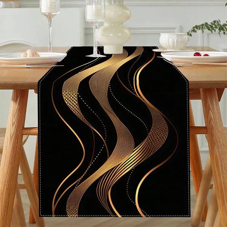 1pc Elegant Black And Gold Table Decor] Black And Gold Abstract Art Table  Runner - Polyester, Suitable For Holiday Restaurant Decoration And New Year  Gifts | SHEIN
