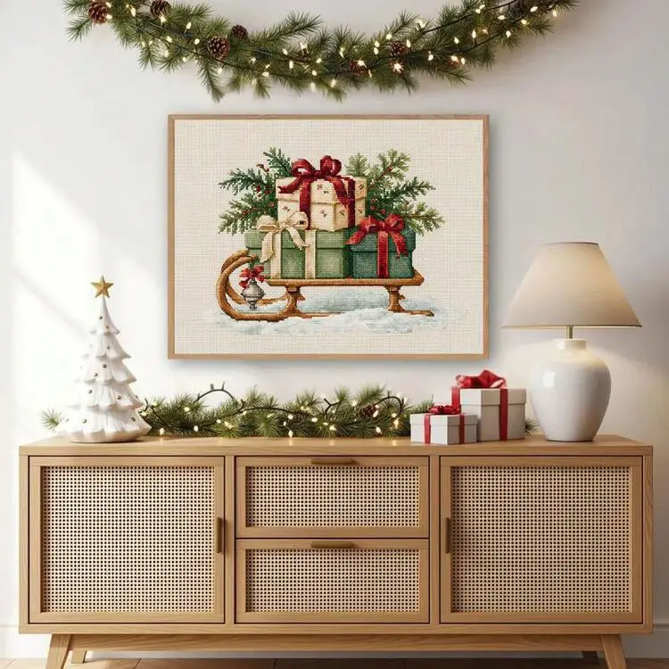 1pc Framed/Unframed Embroidery Style Santa Sleigh Christmas Tree Gifts Canvas Poster Winter Xmas Holiday Cozy Wall Art Print Festival Cottagecore Decor Painting For Hallway,Living Room,Bedroom,Moder