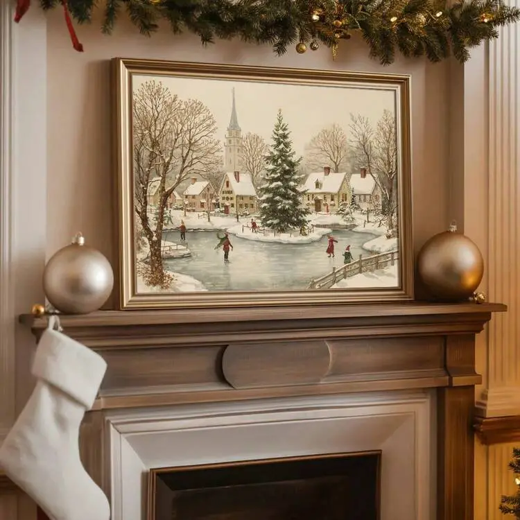 1pc Framed/Unframed Snowy Town Square Christmas Tree Canvas Poster Winter  Wonderland Ice Skating Wall Art Print Xmas Festival Nordic Decor Rustic  Painting For Apartment,Living Room,Bedroom,Modern Ho