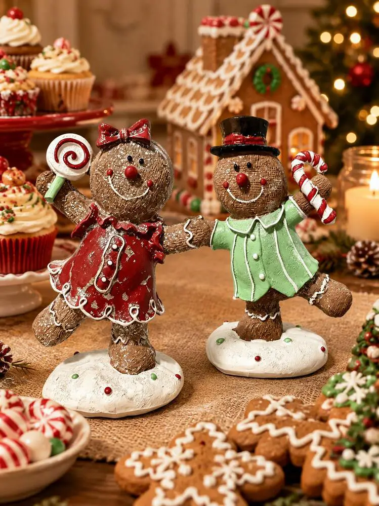 1pc Gingerbread Man Tabletop Decor, Adorable Christmas Resin Figurine In Red Or Green Outfit, Candy Cane Cookie Ornament For Coffee Bar, Kitchen Counter, Mantel, Christmas Party, Xmas Home Decor And