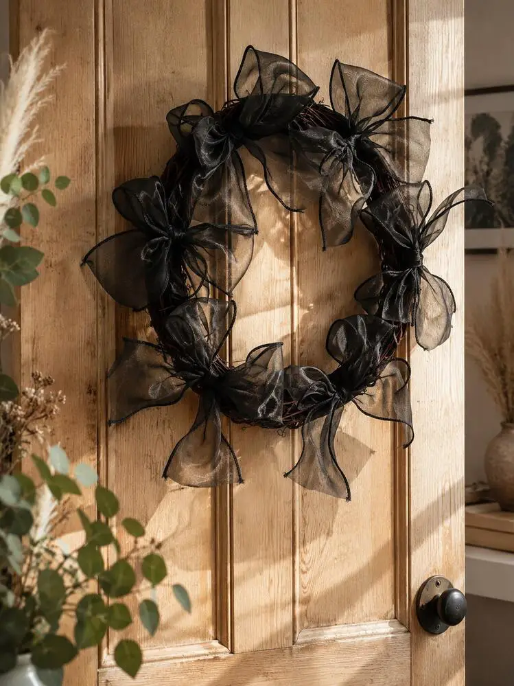 1pc Gothic Halloween Black Bow Wreath, Black Ribbon Door Hanging Wreath,  Halloween Wreath, Minimalist Dark Aesthetic Wall Wreath, Elegant Holiday  Entryway Decor, Witch Style Farmhouse Porch Decor, .