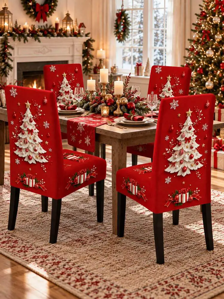 1pc Red Christmas Tree Dining Chair Cover, Snowflake Gift Gold Star Print, Elegant Stretch Spandex High Back Full Coverage Slipcover, Removable Washable Chair Protector For Kitchen Dining Room Xmas