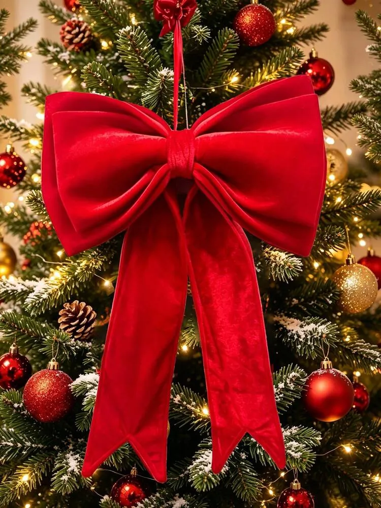1pc Red Christmas Tree Topper Bow - Large Velvet Bow For Tree Decor, Window, Mantle - Elegant Holiday Decoration For Xmas, Elegant Large Bow Party Backdrop Wall Decor For Room Door, Christmas