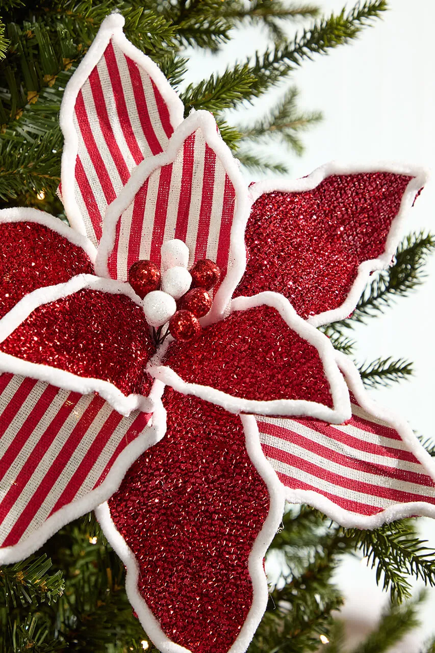 20' x 13' Red & White Striped Glitter Poinsettia Stem