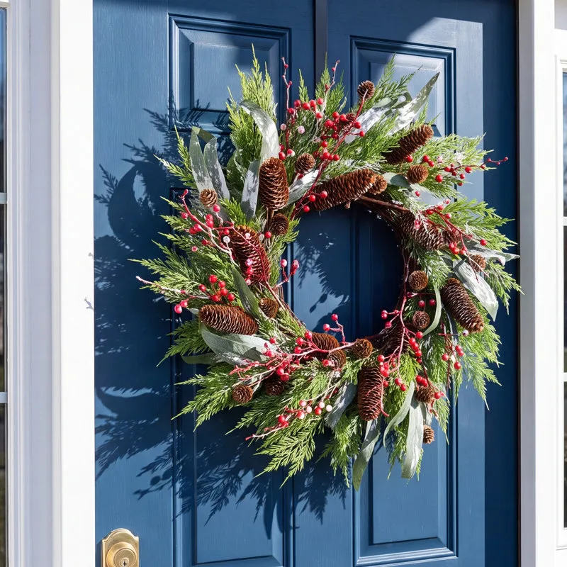 22' Artificial Farmhouse Blossoms Cluster Greenery Leaves Christmas Frozen Berry Pinecone Winter Wreath For Front Door