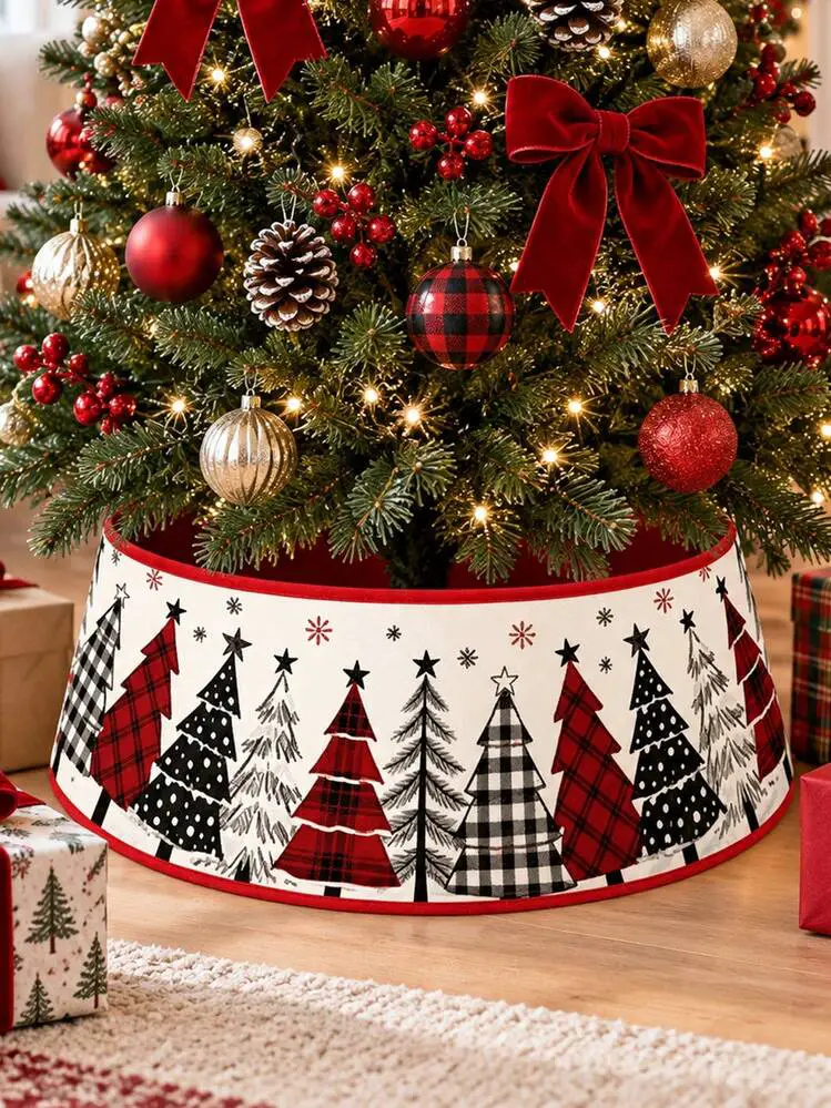23.62 Inch Black & Red Christmas Tree Collar, Modern Christmas Tree Base  Cover, Plaid Pine Tree Pattern, Minimalist Christmas Tree Skirt  Alternative, Suitable For Holiday Parties, Living Room, Firep