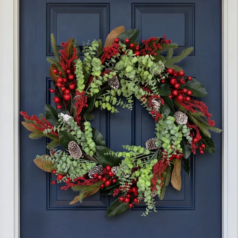 24' Artificial Farmhouse Greenery Foliage Leaves Mini Eucalyptus Pinecone Berry Winter Christmas Day Front Door Wreath Ophelia & Co.